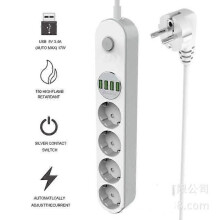 Multipresa con protezione da sovratensione, 4 prese e 4 prese USB - Bianca - Tipo E - 10 A - 2 m