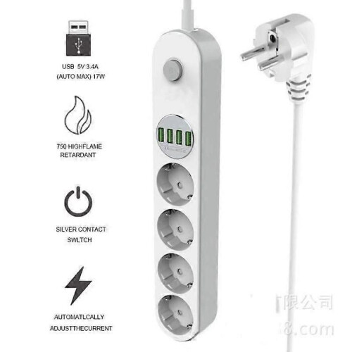 Multipresa con protezione da sovratensione, 4 prese e 4 prese USB - Bianca - Tipo E - 10 A - 2 m