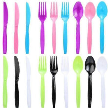 Juego de cubiertos de plástico reutilizables de 180 piezas, 6 colores, con cuchillos, tenedores y cucharas,