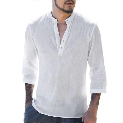 Herr bomullslinneskjorta Långärmad Slim Fit Button Down krage - Vit