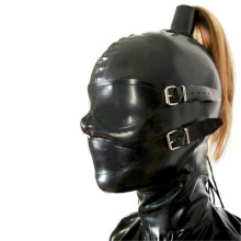 Black Latex Hood Mask with Blond Ponytail Wig, X-Small Size, Removable Blindfold, Back Zipper, Open Eyes, Flat Mouth Piece