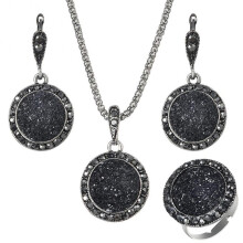 Trendy Rhinestone Round Pendant Necklace Leaver-back Earrings Ring Jewelry Set