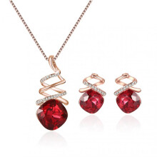 1 Set Women Necklace Geometric Cubic Zirconia Twisting Elegant Red Square Rhinestone Inlaid Stud Earrings Kit Fashion Jewelry