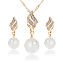 Women Wedding Rhinestone Faux Pearl Spiral Pendant Necklace Earrings Jewelry Set