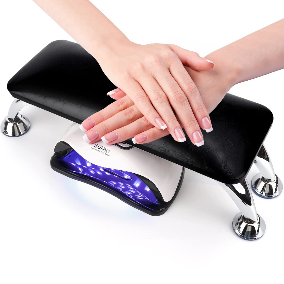 Black Nail Arm Rest For Acrylic Nails - Soft Microfiber Leather Cushion With Thick Sponge And 4 Stainless Steel Stands,