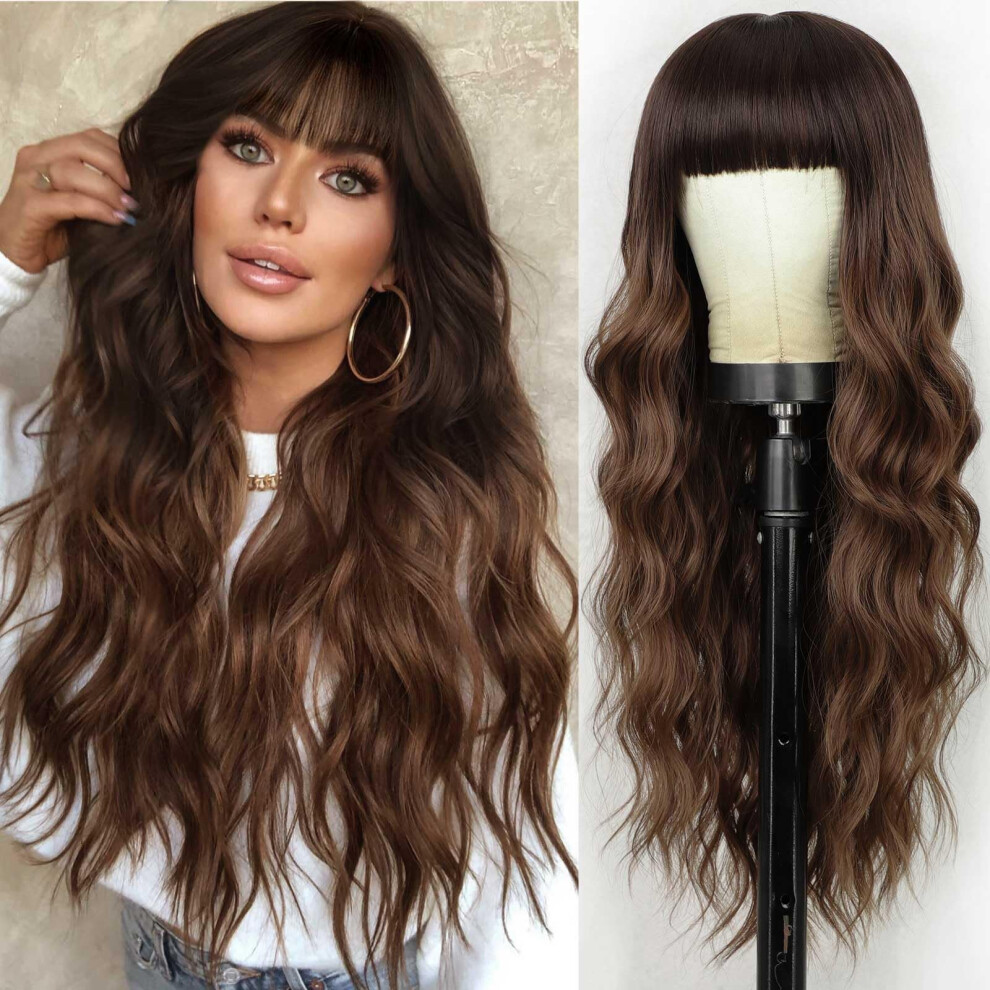 Unisex Brown Wig With Bangs 26 Inch Long Wavy Ombre Curly Wig With Dark Roots Synthetic Fiber Hair Replacement For Women
