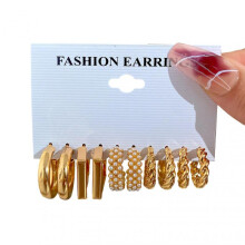 6 Pairs Women Hoop Earrings Geometric Square Retro Elegant Faux Pearl Twisting Golden Girls Earrings Fashion Jewelry Gift