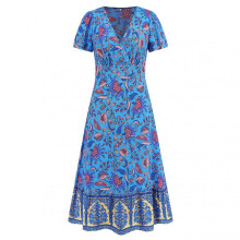 Women Summer Dress Short Sleeve V Neck Bohemian Print Retro Tight Waist Mid-calf Length Patchwork Hem Soft Vacation Beach Dress