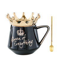 (Black)The Crown Cover Has A Spoon Porcelain Mug Handle Tea Coffee Household Water Cup