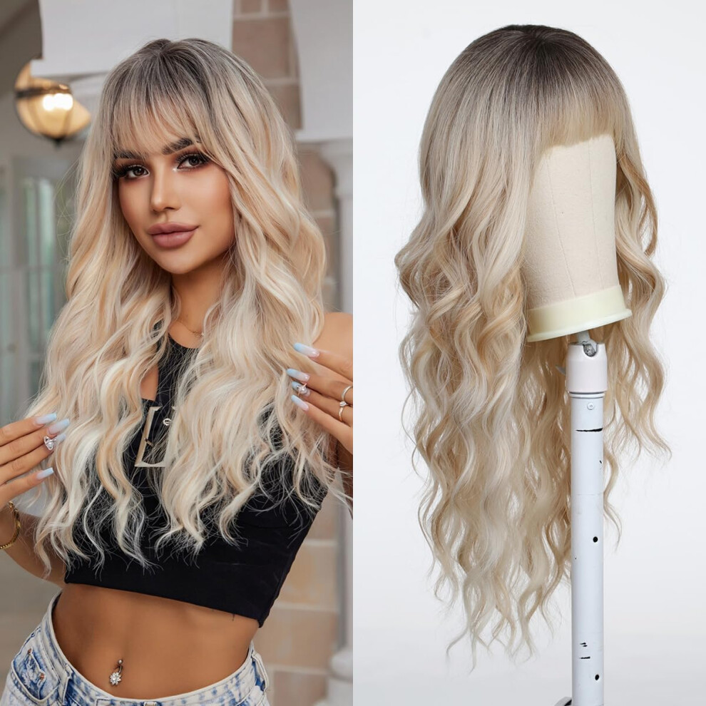 Unisex Long Ombre Blonde Wigs For Women 26 Inch Long Wavy U Part Synthetic Hair Replacement Cosplay Costume Halloween Wig