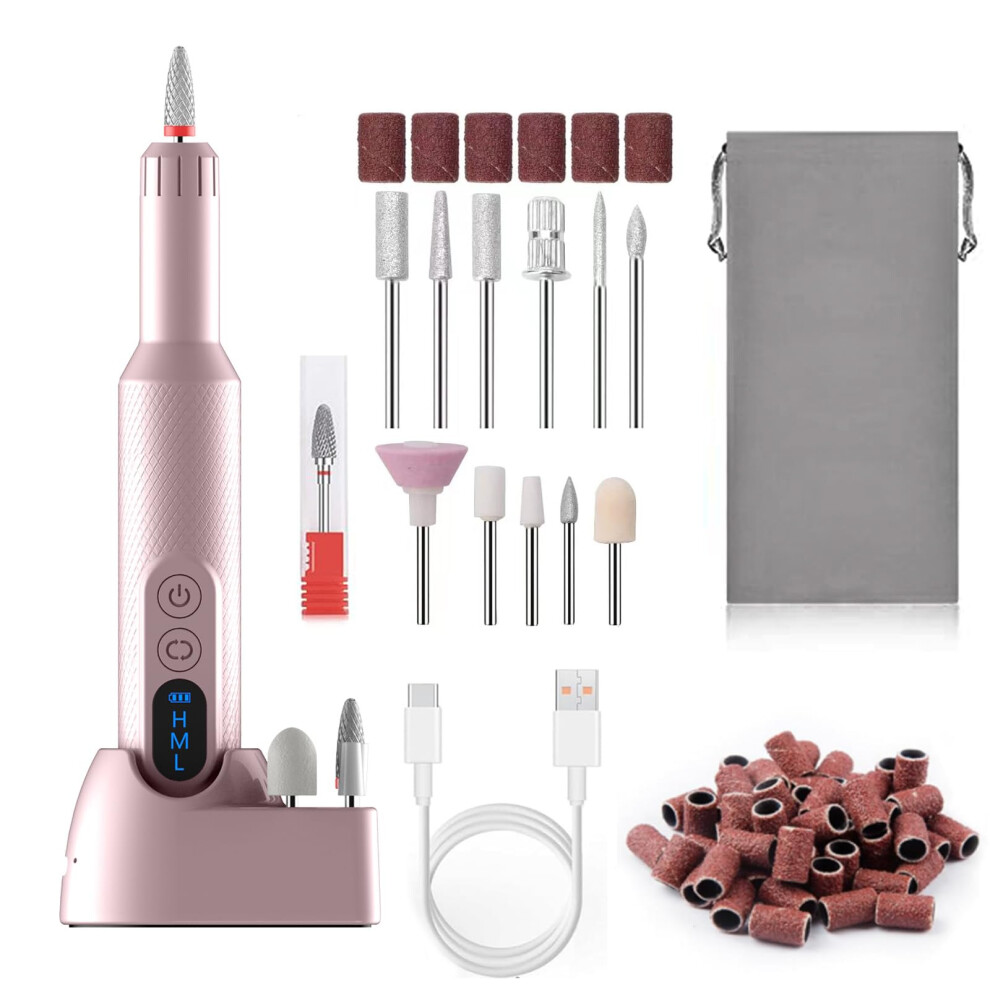 Pink Portable Electric Nail Drills For Acrylic, Manicure, And Pedicure - Rechargeable Nail File Kit For Grinding And Polishing