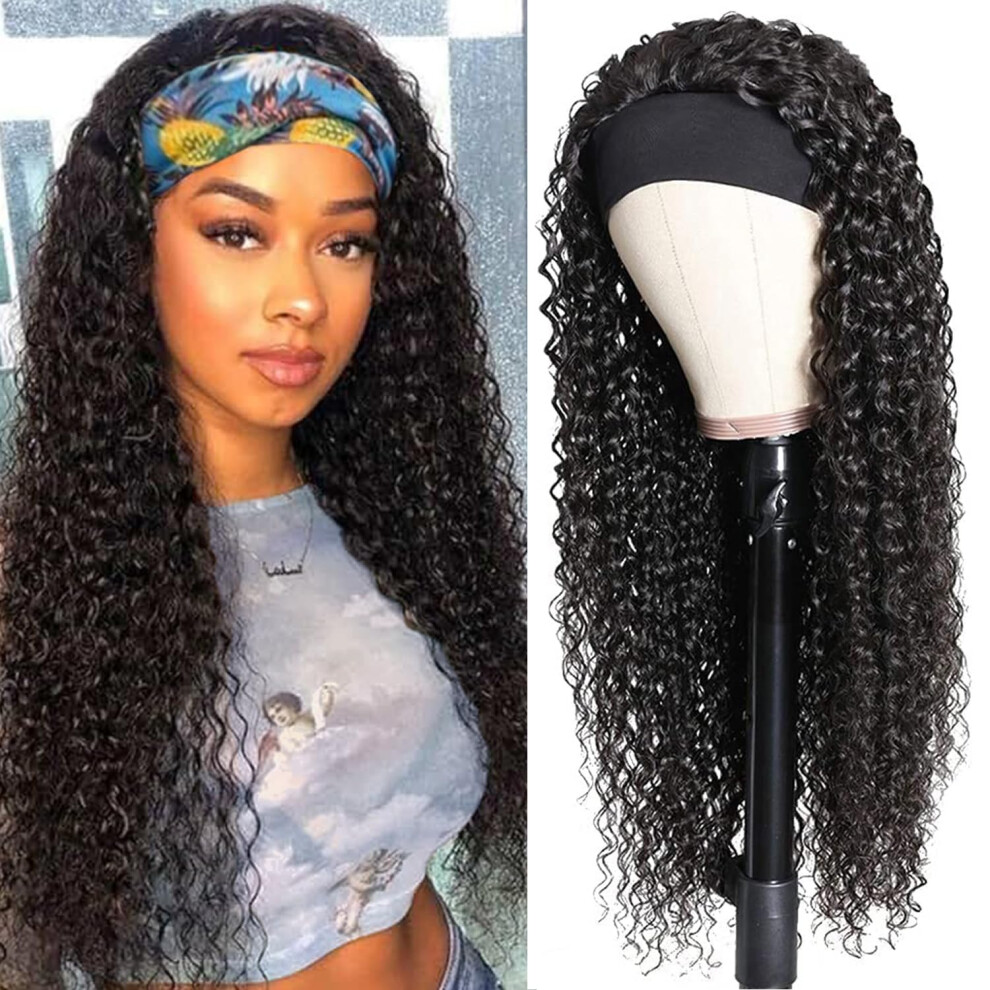 Headband Wig Human Hair Deep Wave 20 Inch Glueless Curly Wig for Black Women Natural Color None Lace Front