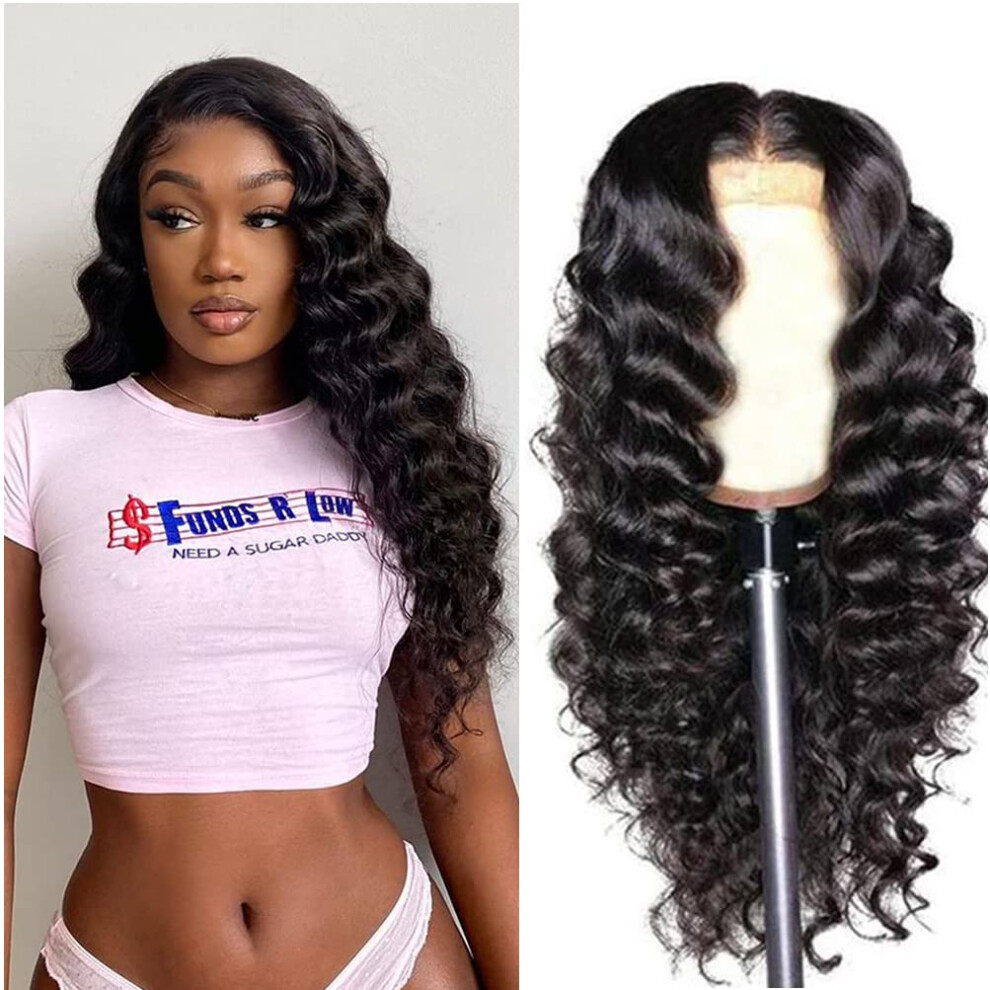 Unisex Black Loose Deep Wave Lace Front Wigs Human Hair For Women, 18 Inch Pre Plucked 13X4 Curly Lace Frontal Wig