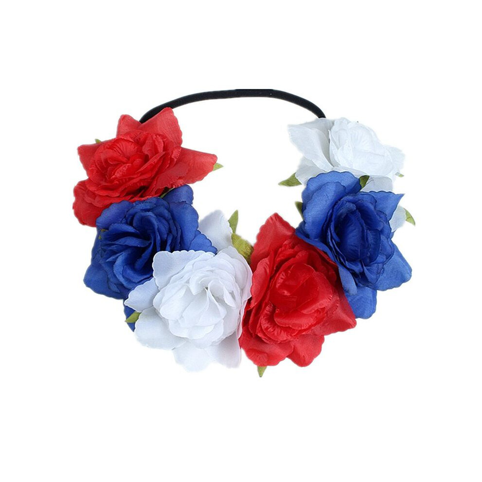 Déguisement fantaisie rouge blanc bleu fleur couronne bandeau jubilé reine