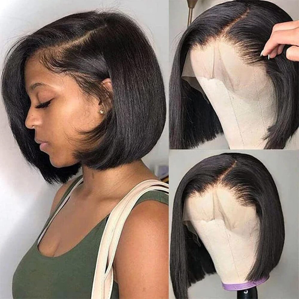 Unisex Black Bob Wig Human Hair 13X6 Lace Front Bob Wig 10 Inch Straight 200% Density Natural Pre Plucked Glueless Wigs For Women