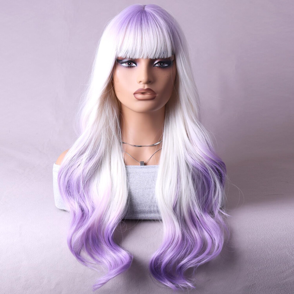 Unisex Purple Ombre Wig Long Wavy Wig With Bangs 24 Inch Synthetic Hair Ombre Wig With Hairnet For Women