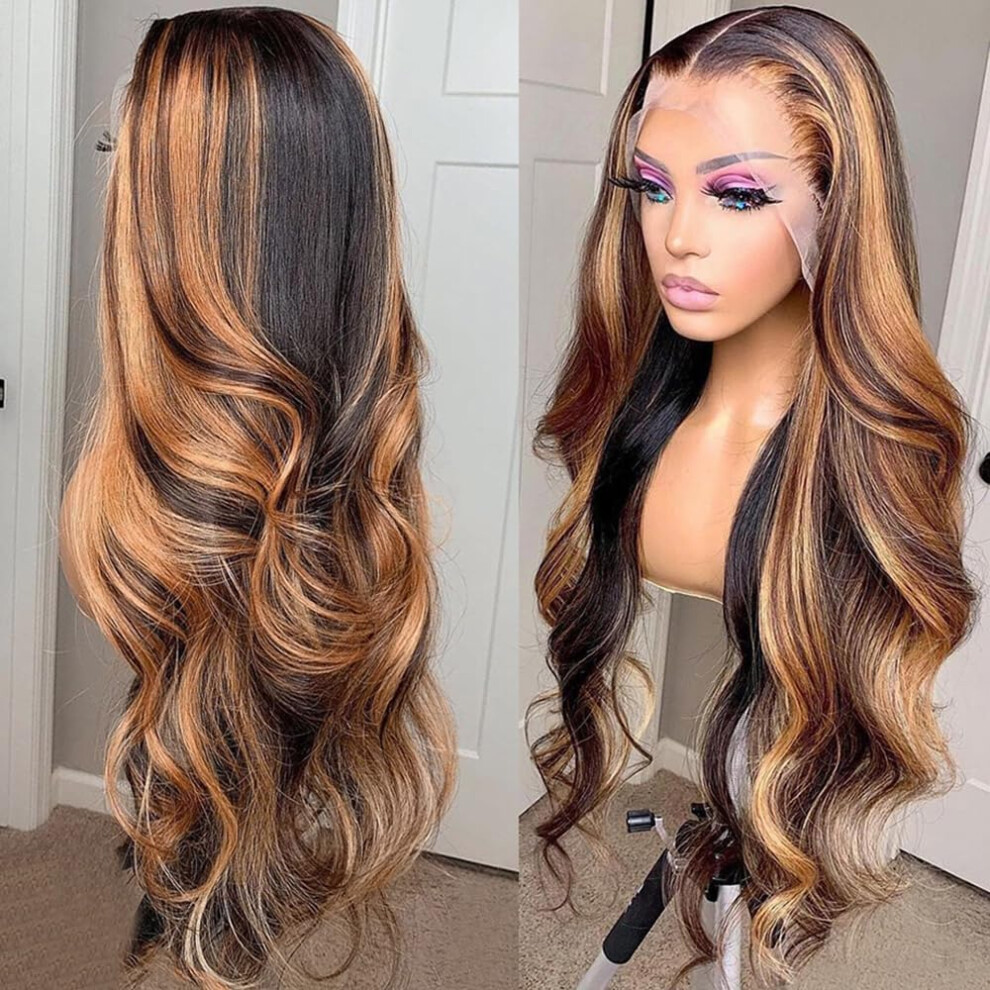 Unisex Highlight Wig Synthetic Hair Lace Frontal Wig 4/27 Ombre Honey Blonde Heat Resistant Hand Tied Preplucked Hairline