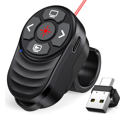 Rechargeable USB Type C Wireless Presentation Clicker, Finger Ring Presentations Powerpoint Clicker with Light Pointer 1
