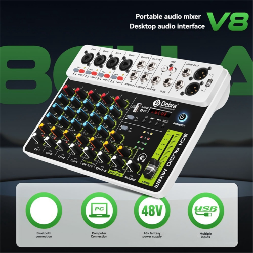 V8 Audio Mixer Small Mixing Console with Bluetooth USB 48V Phantom Power Delay Repaeat for DJ EU Plug 2