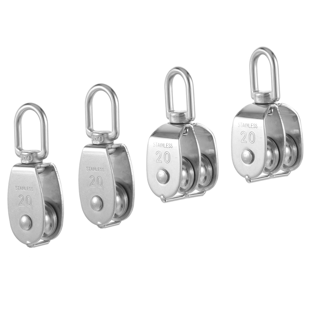 4 Pack M20 Lifting Single Pulley Block 304 Stainless Steel Crane Swivel Hook Double Roller Loading 4853178090870