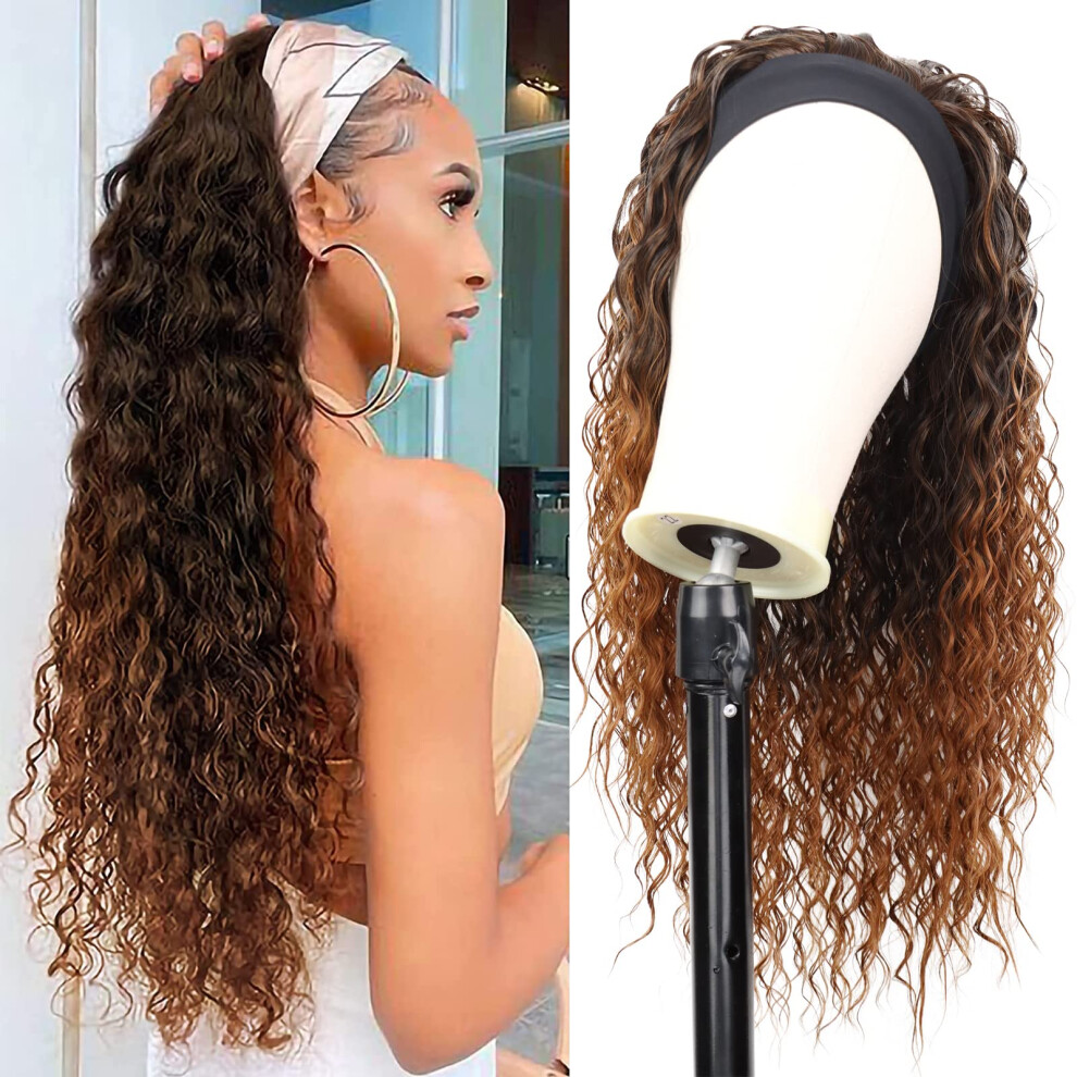 Unisex Black Curly Headband Wigs For Women Ombre Blonde Synthetic Long Curly Heat Resistant Wet And Wavy Wig For Daily Wear