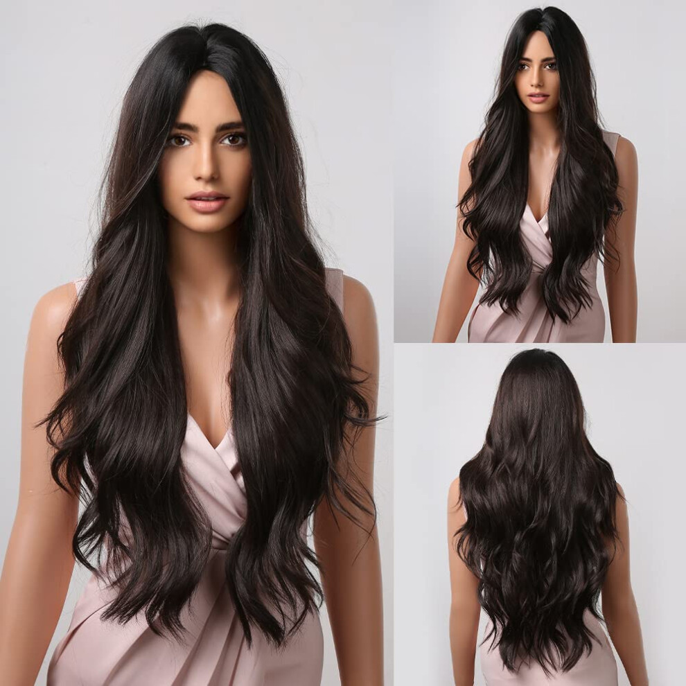 Unisex Black,Brown Black Wigs For Women Long Curly Wavy Black Brown Synthetic Wig With Middle Part Heat Resistant Cap Included