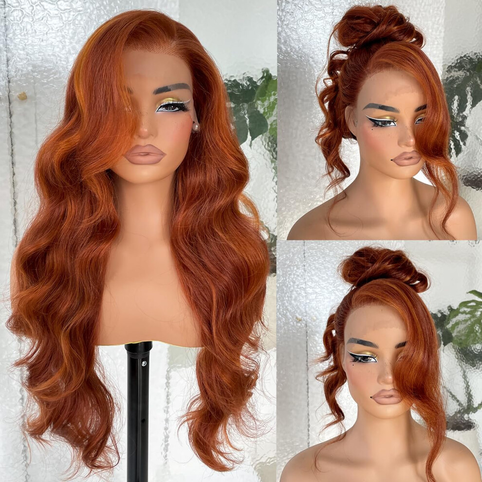 Unisex 13X6 Hd Glueless Lace Frontal Wig 200 Density Ginger Human Hair Synthetic Long Body Wave 26 Inch Lace Front Wig