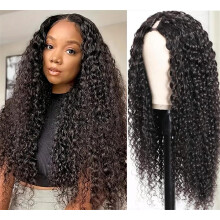 U Part Human Hair Wig 16 Inch Kinky Curly 180% Density U Shape Wig for Black Women Natural Look