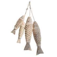 4 Pack Antique Hand Carved Wood Fish Sculpture Decor Ornament with Fishing Net, Beach Theme Wall Art Hanging