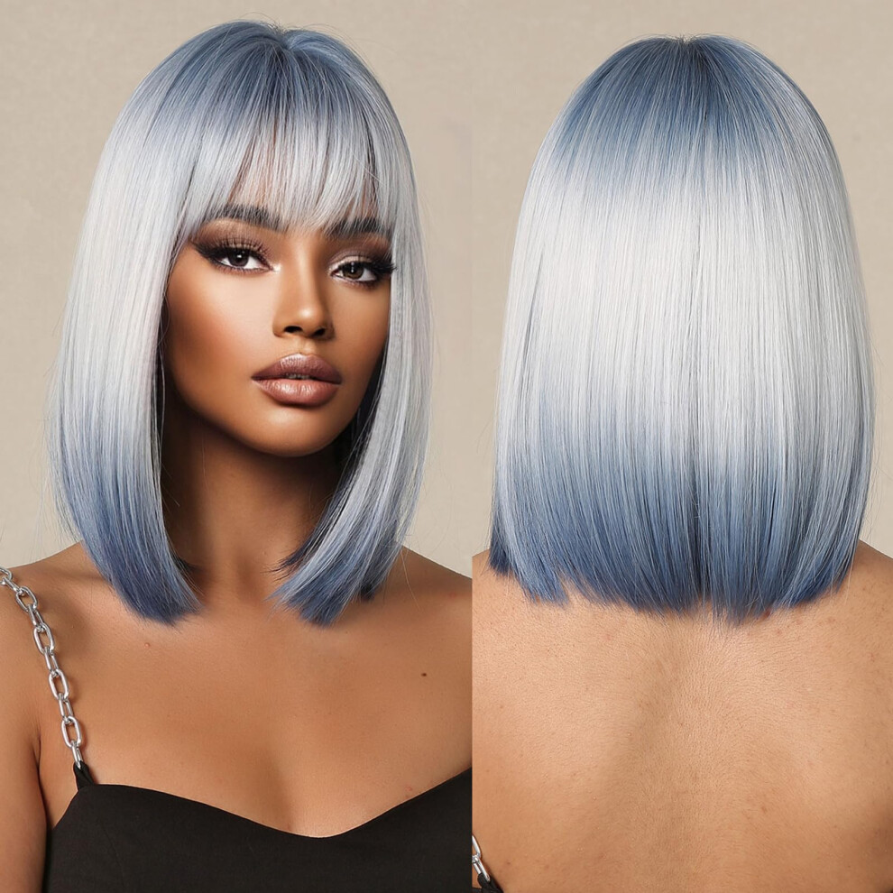 Unisex Blue Ombre Blonde Bob Wig For Women - Shoulder Length Straight Synthetic Hair Wig With Bangs For Daily Cosplay