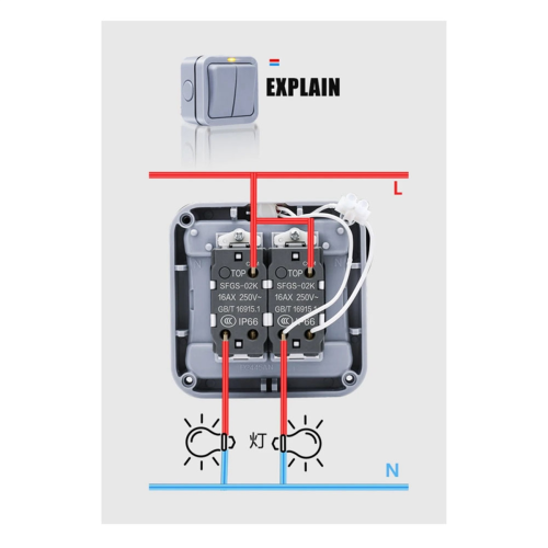 IP66 Wall Electrical Switch 220V Light Waterproof on Off Security Button with Fixation Night in the Pc Power(A) 2