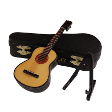 C-Wooden Miniature Guitar with Stand and Case Mini Musical Instrument Doll House Model Home Decoration
