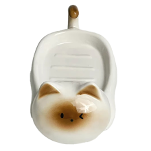 Siamese Cat Ceramic Soap Dish, Cute Cartoon Design, Perforation-Free, Small Art Drain Dish for Household Use White