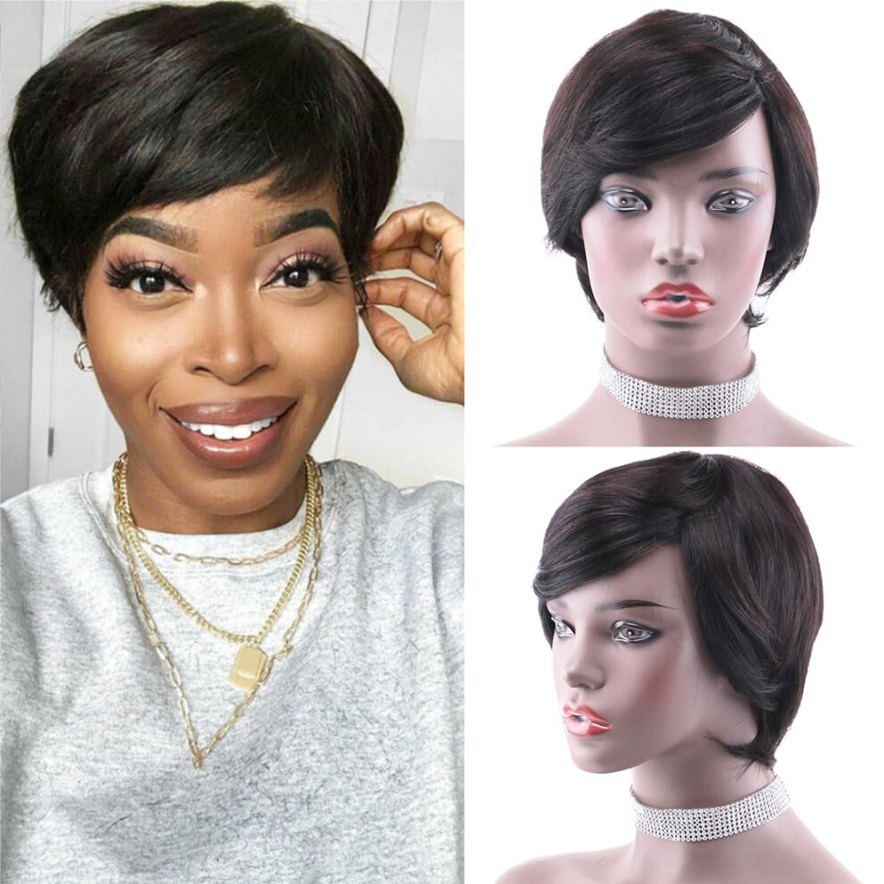 Unisex Black Pixie Cut Wig Human Hair Short Bob Wig With Bangs For Women Brazilian Glueless Natural Short Layered Style