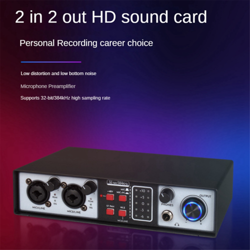 2 in Out USB Audio Interface 32Bit/384KHZ Studio Kit Record Professional Sound Card 48V Phantom 2