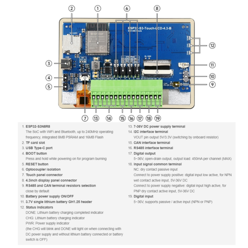 ESP32-S3 4.3inch LCD 800x480Pixels Captive Touch Screen Development Board WIFI BTLE5.0 65K-RGB with Sensor/CAN/I2C/RS485 2