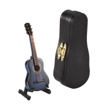 A-Wooden Miniature Guitar with Stand and Case Mini Musical Instrument Doll House Model Home Decoration