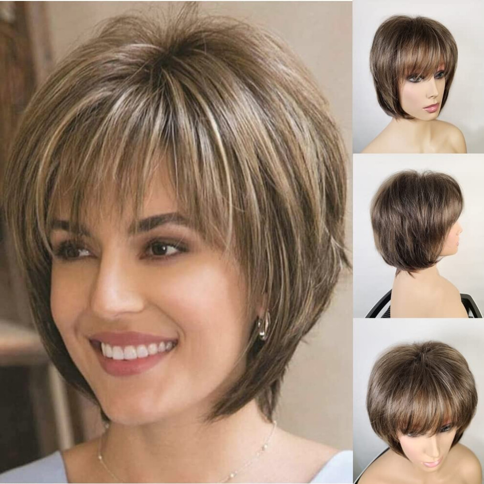 Pixie Cuts Short Wigs with Bangs Dark Brown and Blonde Highlights for Women Daily Wear and Parties