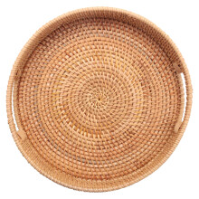 Round Rattan Woven Serving Tray with Handles Ottoman for Breakfast, Drinks, Snack Coffee Table, Home Decorative