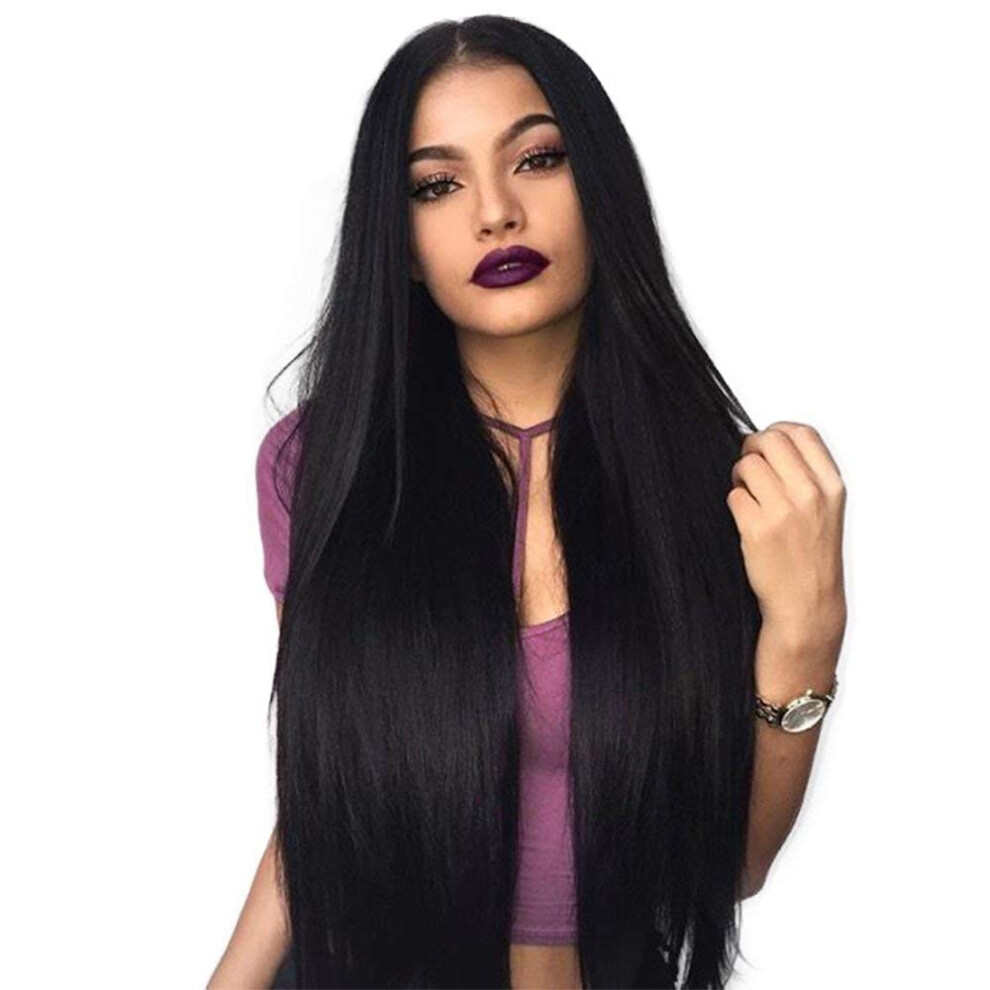 Unisex Black Long Straight Synthetic Hair Wig Heat Resistant Gradient Color For Women 24 Inch Stylish Durable Hairpiece