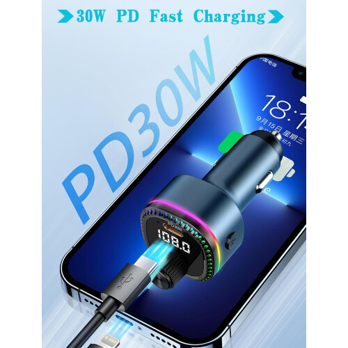 Bluetooth 5.3 Adapter Auto, FM Transmitter with PD 30W, Hands-Free Calling, Support USB Disk (Black) 1