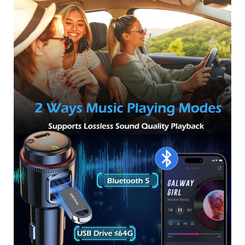 Bluetooth Car Adapter, Wireless AUX FM Transmitter, USB C&QC3.0 Dual Fast Charging(Black) 2