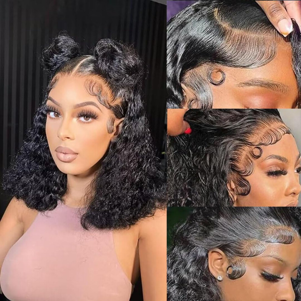 Unisex Black Curly Human Hair Wigs 13X4 Deep Wave Hd Frontal 200 Density 12 Inch Glueless Pre Plucked Wet And Wavy