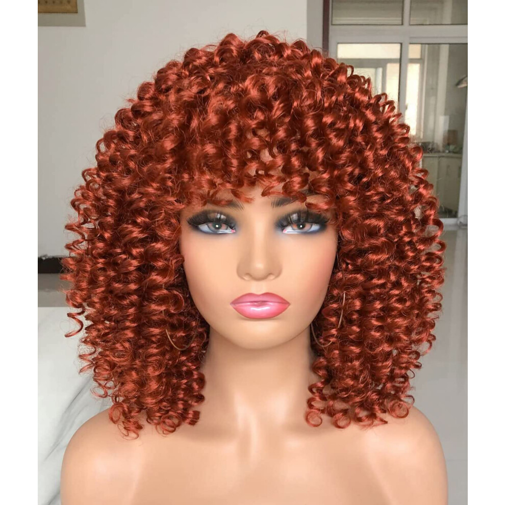 Afro Curly Wigs with Bangs Short Copper Red Wigs for Black Women Natural Looking Synthetic Hair Fashion