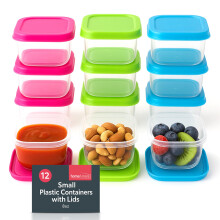 SOL 12 Pack Small Plastic Containers with Lids 80ml - 6cm x 6cm x 3.5cm - Mini Kitchen Storage Small Tub with Lids - Stackable & Airtight Storage for