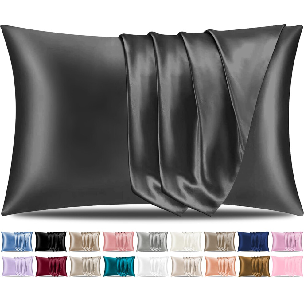 Pamposh Satin Silk Pillowcases For Hair And Skin 2 Pack Standard Size With Envelope Closure (2 Pcs Pillowcases (50 X 75 Cm), Charcoal)