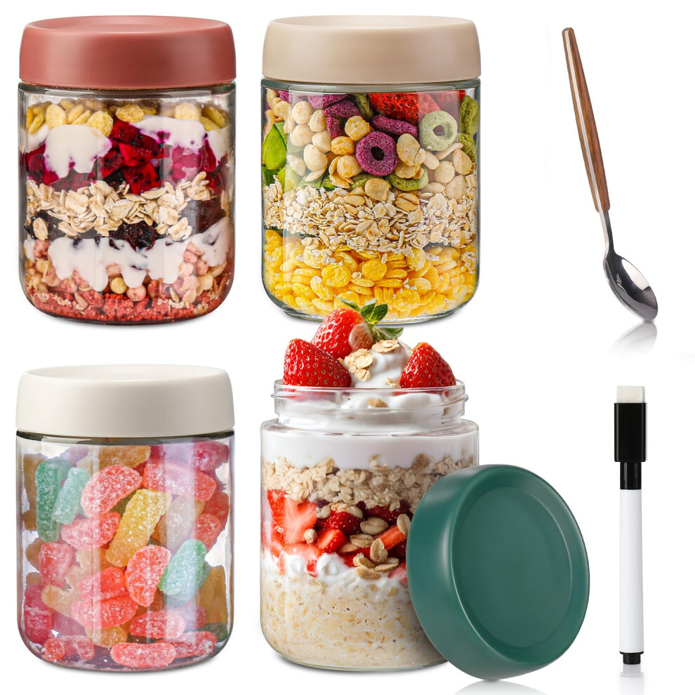 Overnight Oats Jar,Glass Containers With Lids,500ml Glass Jars With Lids-Set Of 4,Overnight Oats Container,For Yogurt Pot Cereals Milk Fruit Condimen