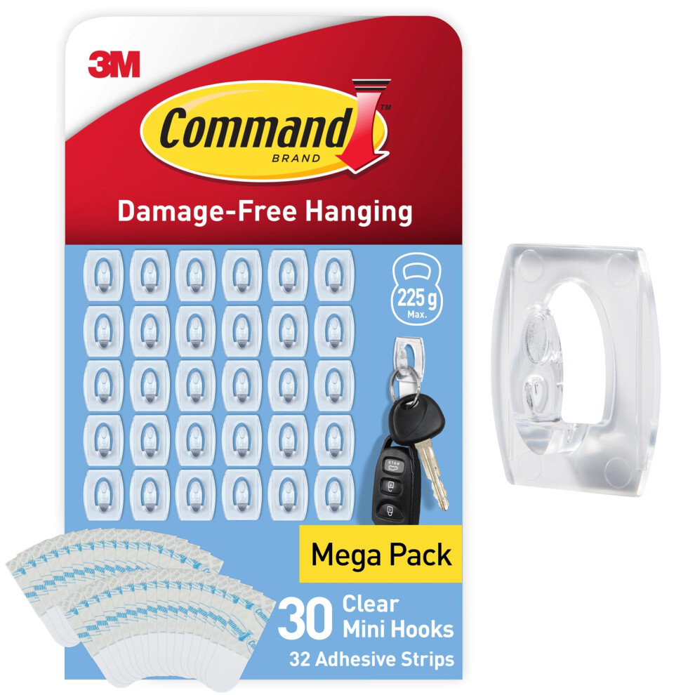 Command Clear Mini Hooks with Clear Strips, Multi Pack of 30 Hooks + 32 Adhesive Strips - Indoor Use - Suitable for Hanging Items up to 225g - Damage