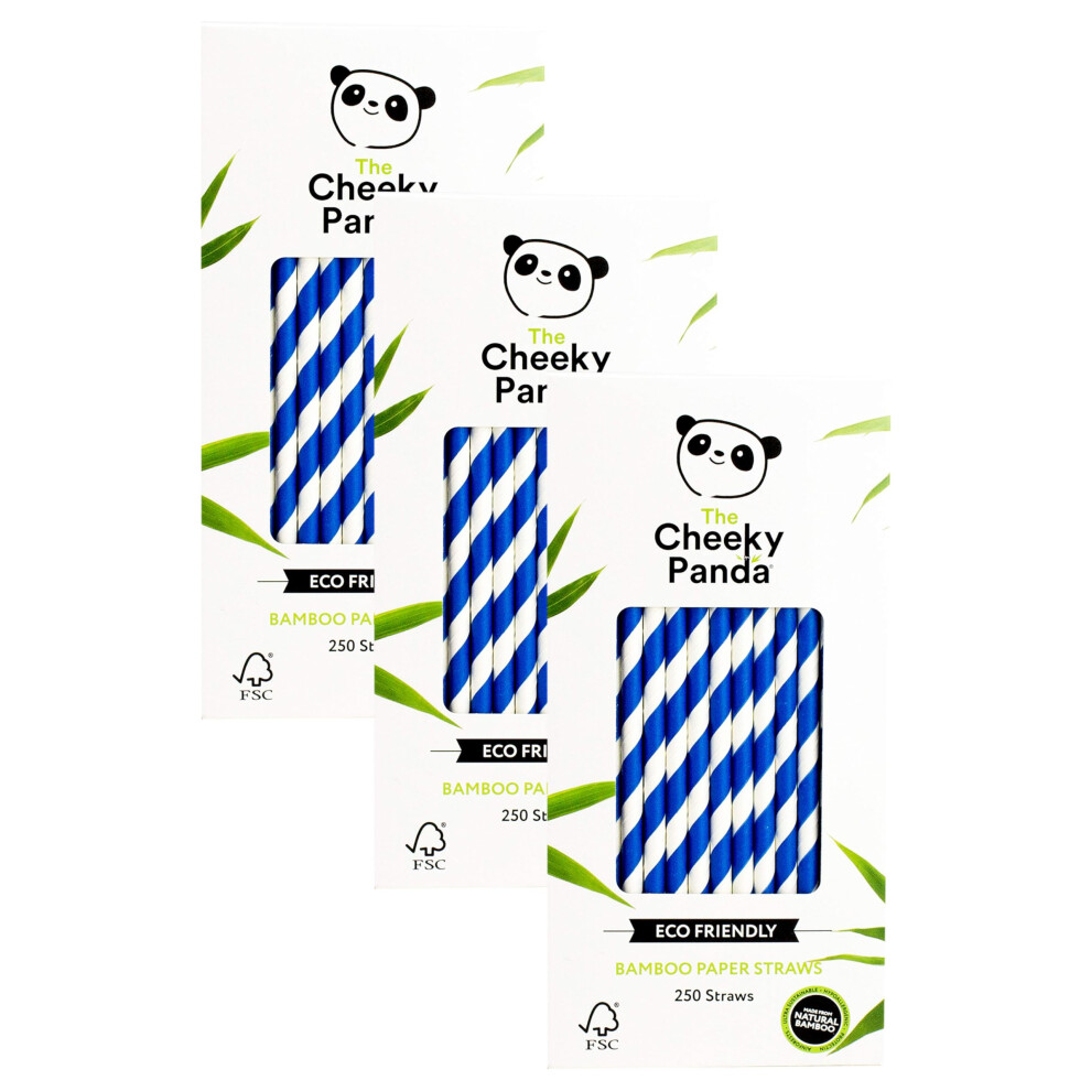 The Cheeky Panda Bamboo Paper Straws | 250 Coloured Drinking Straws with Blue Stripes (Pack of 3)
