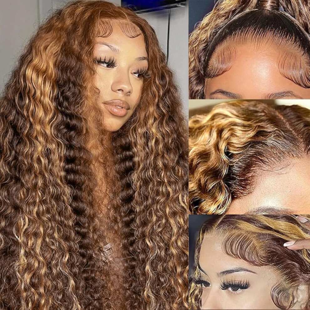 Ombre Highlight Deep Wave Lace Front Wig Human Hair 26 Inch P4/27 Honey Blonde Curly 180 Density Pre Plucked